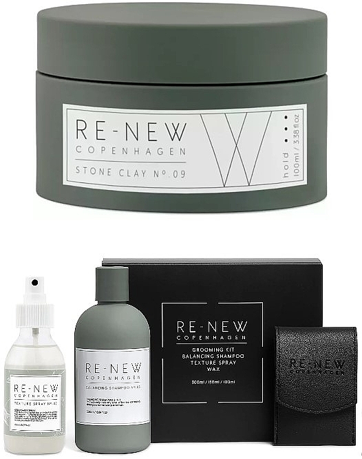 Zestaw, 4 produkty - Re-New Copenhagen Essential Grooming Kit (Balancing Shampoo №05 + Texture Spray №07 + Stone Clay №09) — Zdjęcie N1
