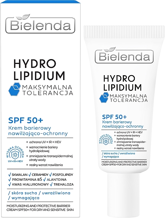 Nawilżająco-ochronny krem barierowy do twarzy SPF 50 - Bielenda Hydro Lipidium SPF50 — Zdjęcie N1