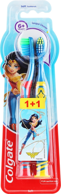 Miękkie szczoteczki do zębów dla dzieci 6+, niebiesko-żółta + niebiesko-czerwona - Colgate Kids Wonder Woman — Zdjęcie N1