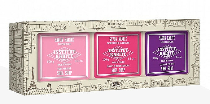 Zestaw - Institut Karite Shea Soap Trio Rose, Lavender and Cherry Blossom (soap/100g + soap/100g + soap/100g) — Zdjęcie N1