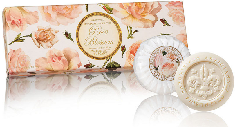 Zestaw naturalnych mydeł w kostce Róża - Saponificio Artigianale Fiorentino Rose Blossom Soap (3 x soap 100 g) — Zdjęcie N1