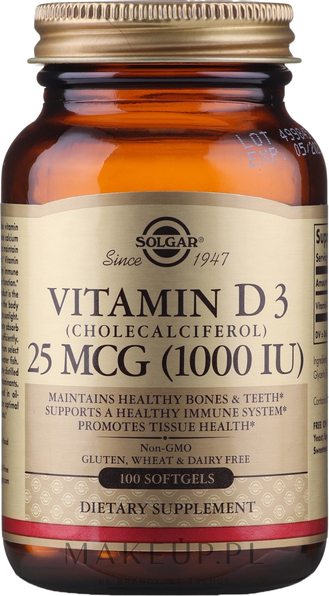 Suplement diety Witamina D - Solgar Vitamin D3 1000 IU Cholekacyferol  — Zdjęcie 100 szt.