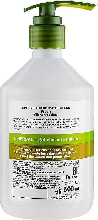 Delikatny żel do higieny intymnej z ekstraktem z krwawnika - O’Herbal Intimo Soft Gel For Intimate — Zdjęcie N2