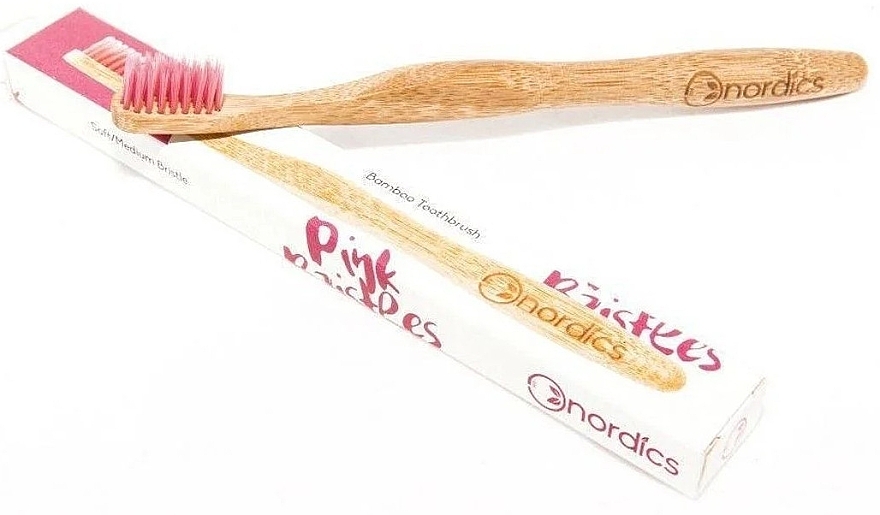 Bambusowa szczoteczka do zębów, średnio twarda, z różowym włosiem - Nordics Bamboo Toothbrush Pink Bristles — Zdjęcie N2