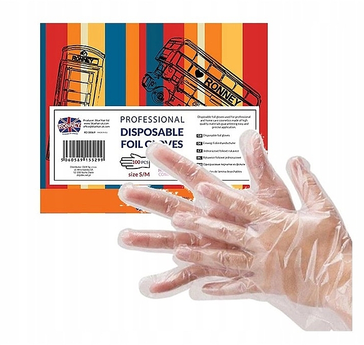 Rękawiczki jednorazowe przezroczyste, rozmiar S/M, 100 szt. - Ronney Professional Disposable Foil Gloves — Zdjęcie N2