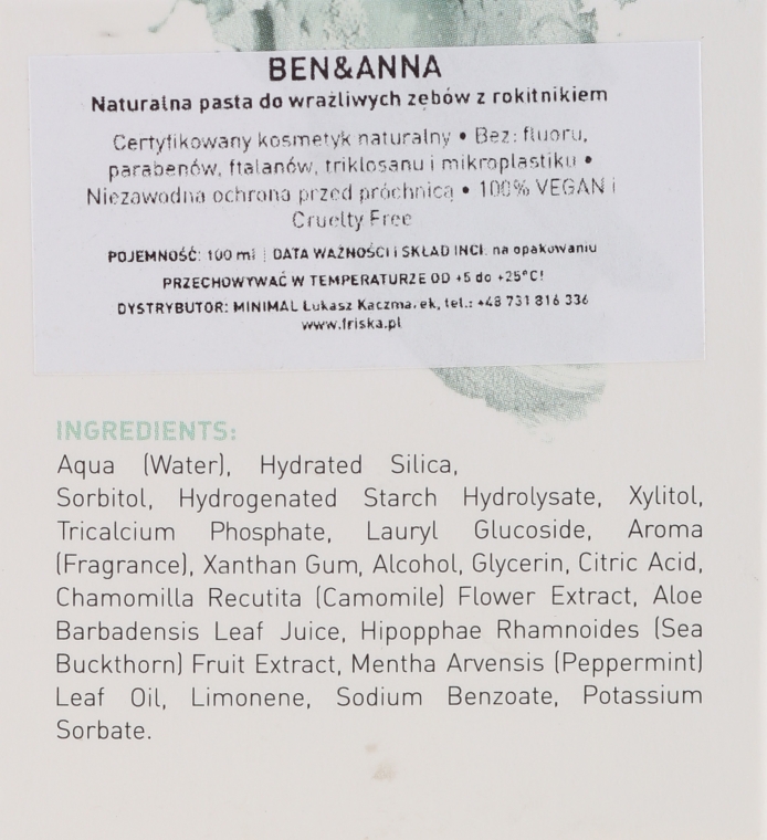 Naturalna pasta do wrażliwych zębów - Ben & Anna Natural Sensitive Toothpaste — фото N3