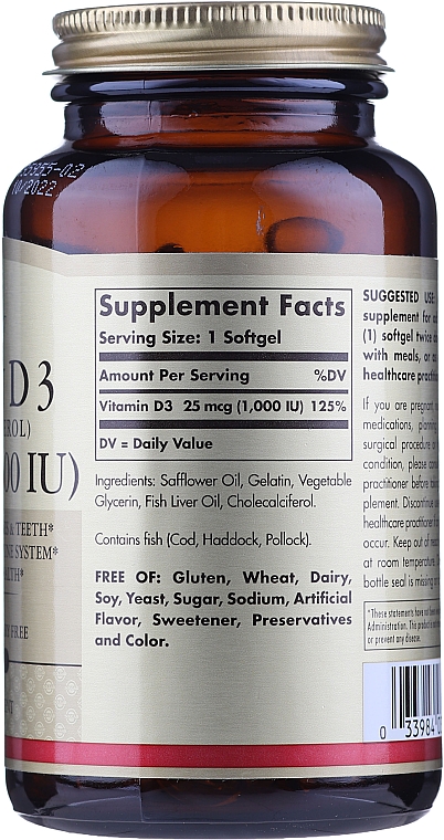 Suplement diety Witamina D - Solgar Vitamin D3 1000 IU Cholekacyferol  — Zdjęcie N4