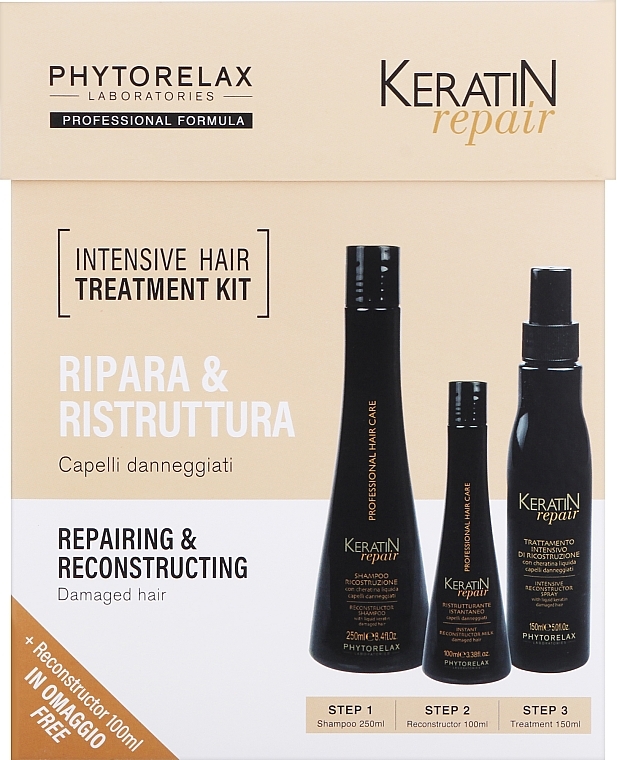 Zestaw - Phytorelax Laboratories Keratin Repair Intensive Hair Treatment Kit (shm/250ml + h/milk/100ml + h/spray/150ml) — Zdjęcie N1