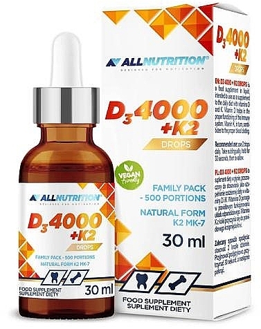 Witamina D3 + K2 w kroplach - AllNutrition Vitamin D3 4000 + K2 Drops — Zdjęcie N1