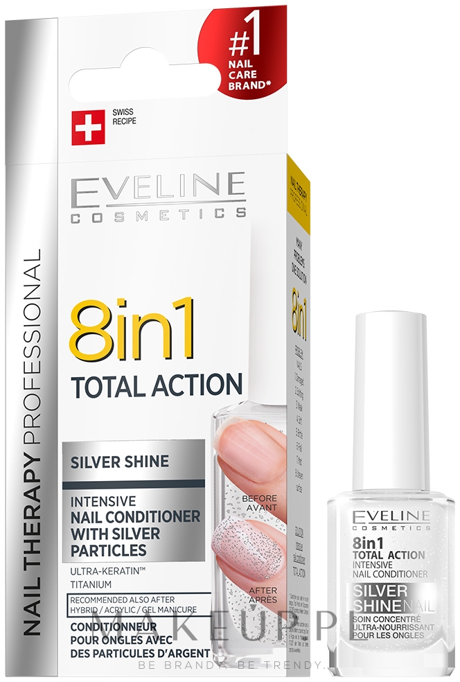 Skoncentrowana odżywka do paznokci z drobinkami srebra 8 w 1 - Eveline Cosmetics Nail Therapy Professional — Zdjęcie 12 ml