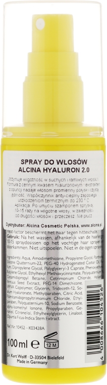 Nawilżający spray do włosów z kwasem hialuronowym - Alcina Hyaluron 2.0 Spray — Zdjęcie N2
