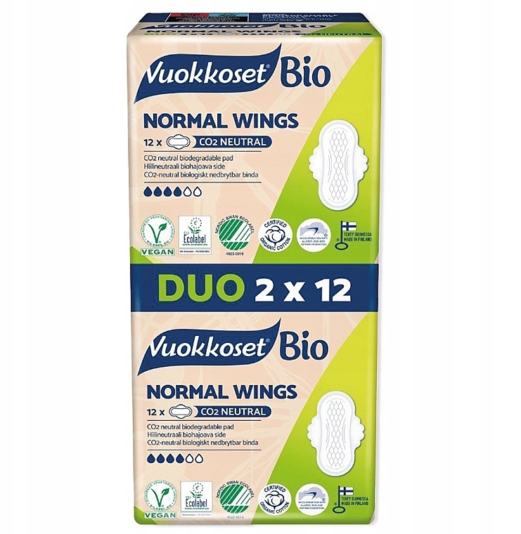 	Podpaski ze skrzydełkami, 24 szt - Vuokkoset 100% Bio Normal Wings Duo — Zdjęcie N1