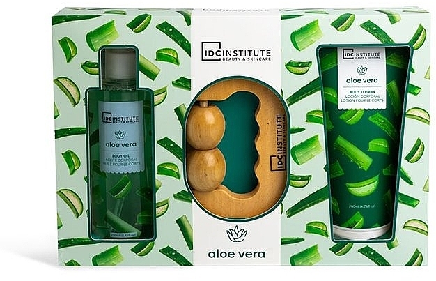 Zestaw - IDC Institute Aloe Vera Massage Gift Set (b/oil/250 ml + b/lot/200 ml + roller/1 pcs) — Zdjęcie N1