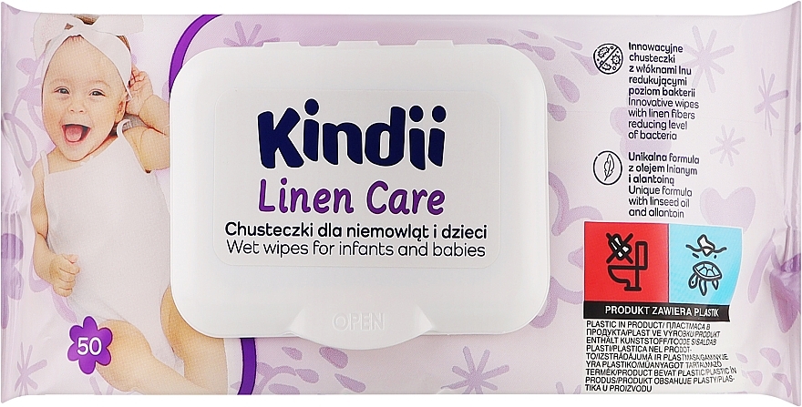 Chusteczki nawilżane dla niemowląt, 50 szt. - Kindii Linen Care — Zdjęcie N1