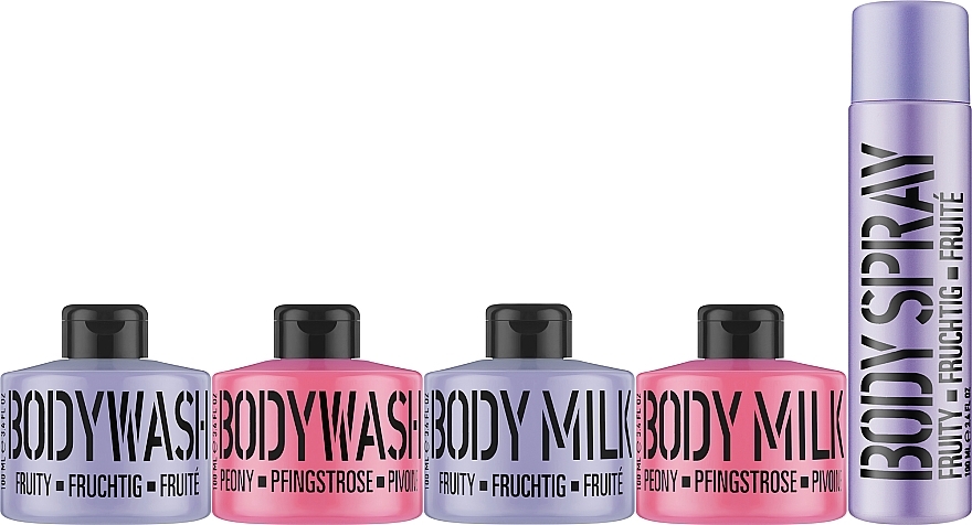 Zestaw Różowa piwonia i owocowy fioletowy - Mades Cosmetics Beauty Booster (sh/gel/2x100ml + b/ilk/2x100ml + b/spray/100ml) — Zdjęcie N2