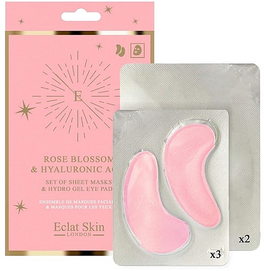Zestaw - Eclat Skin London Rose Blossom & Hyaluronic acid Hydro-Gel Eye Pad & Sheet Mask Giftset (f/mask/2pcs + eye/pad/3pcs) — Zdjęcie N1