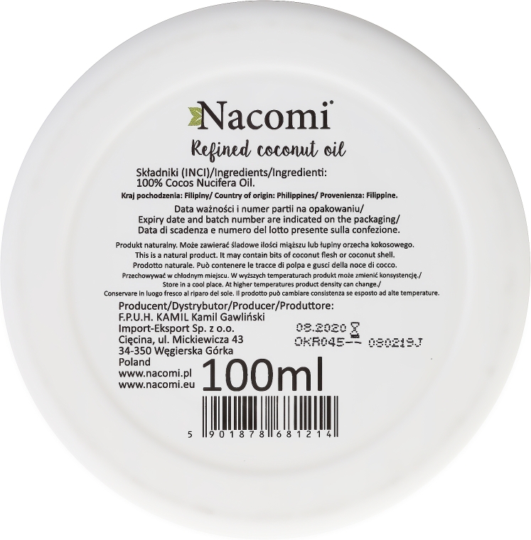 100% naturalny rafinowany olej kokosowy - Nacomi Coconut Oil 100% Natural Refined — Zdjęcie N3