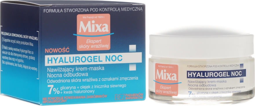 Intensywnie nawilżający krem-maska do cery suchej i wrażliwej Nocna odbudowa - Mixa Sensitive Skin Expert Night Hyalurogel