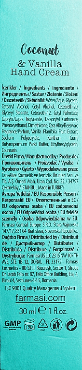 Krem do rąk Kokos i Wanilia - Farmasi Hand Cream — Zdjęcie N3