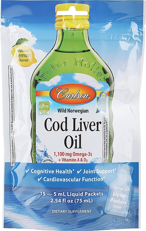 	Olej z wątroby dorsza o smaku cytrynowym, 1100 mg - Carlson Labs Cod Liver Oil Lemon Liquid Packets — Zdjęcie N1