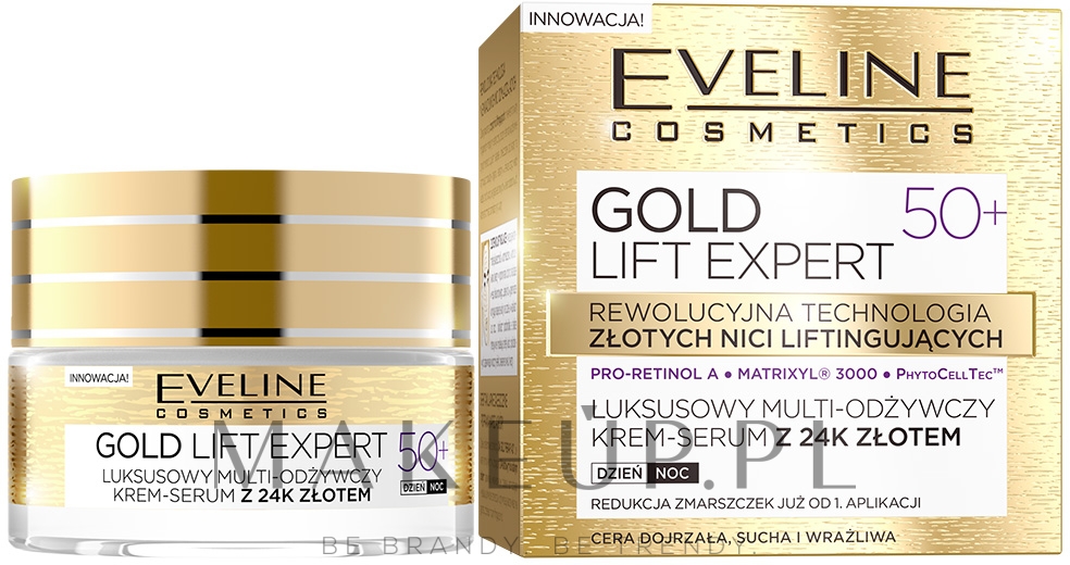 Luksusowy multiodżywczy krem-serum z 24k złotem na dzień i na noc 50+ - Eveline Cosmetics Gold Lift Expert — Zdjęcie 50 ml