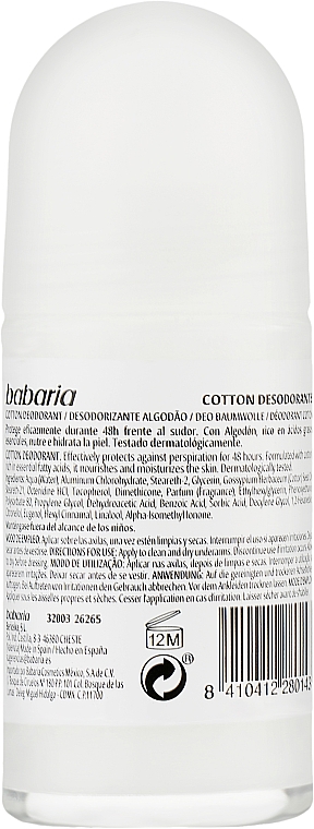 Dezodorant z ekstraktem z bawełny - Babaria Nourishing Roll-On Deodorant Cotton — Zdjęcie N2