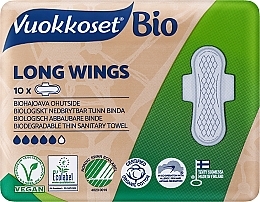 Podpaski higieniczne ze skrzydełkami, 10 szt. - Vuokkoset BIO Long Wings — Zdjęcie N1