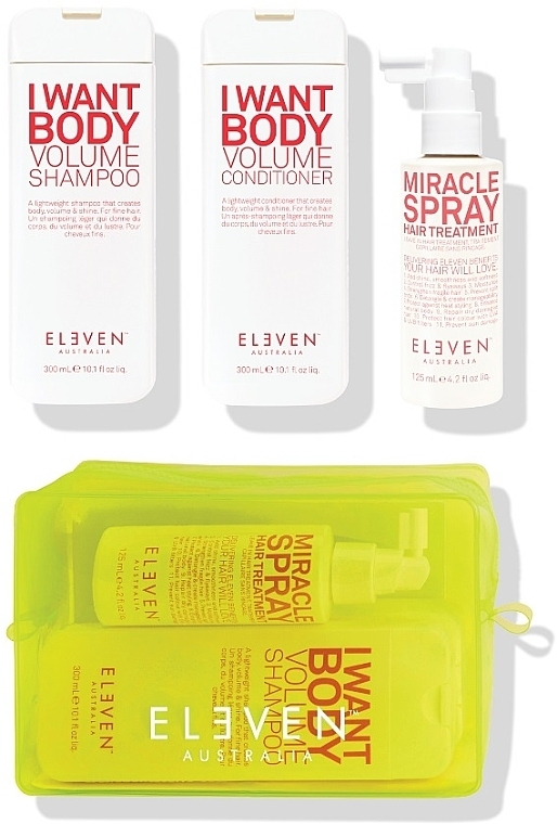 Zestaw - Eleven Australia Volume Trio With Neon Bag (shm/300ml + cond/300ml + h/spray/125ml + bag) — Zdjęcie N1