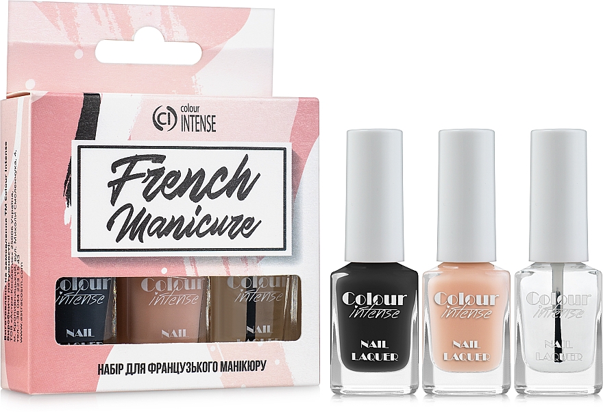 Zestaw Francuski manicure - Colour Intense French Manicure Kit (polish/5ml + polish/5ml + polish/5ml + n/stencil/24pcs) — Zdjęcie N1