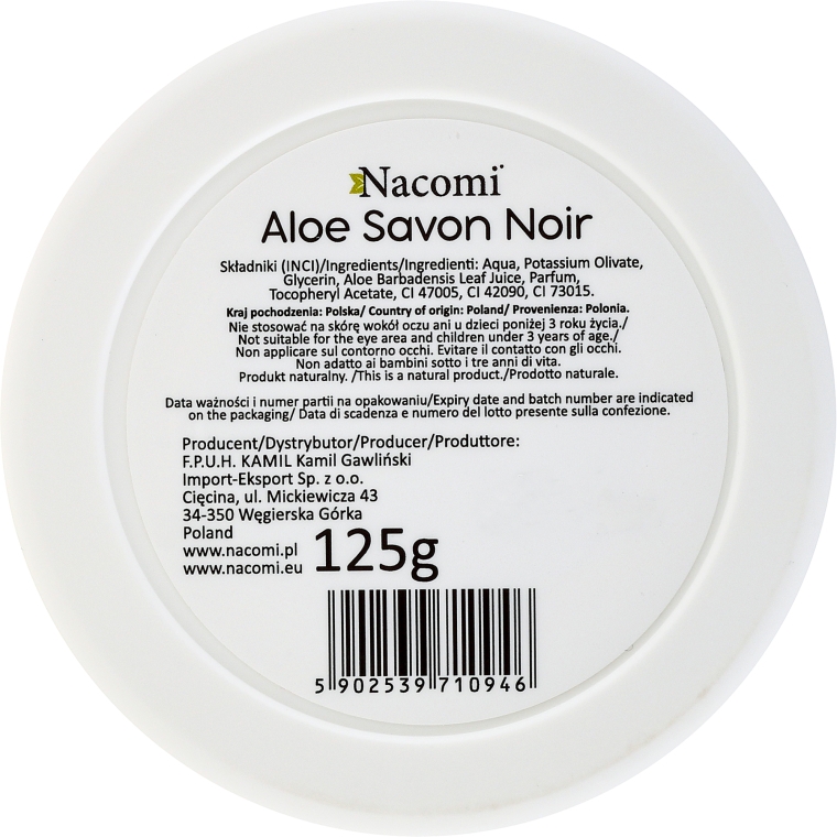 100% naturalne mydło czarne z sokiem z aloesu - Nacomi Vegan Aloe Savon Noir — Zdjęcie N2