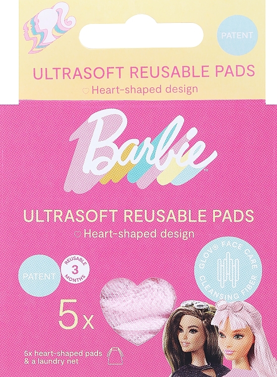 Płatki kosmetyczne do demakijażu, wielokrotnego użytku, 5 szt., różowe - Glov Barbie Collection Ultrasoft Reusable Heart Pads — Zdjęcie N1