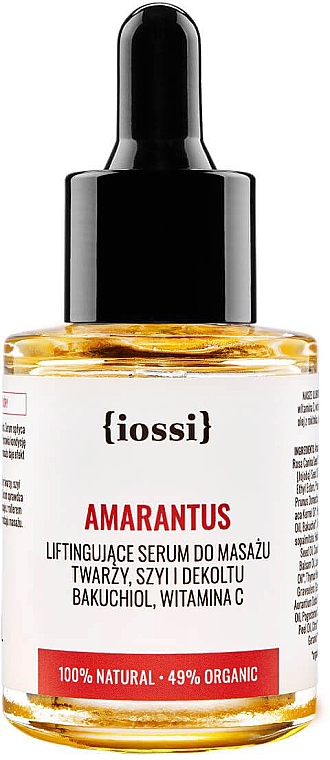 Liftingujące serum do masażu twarzy, szyi i dekoltu z amarantusem, bakuchiolem i witaminą C - Iossi — Zdjęcie N1