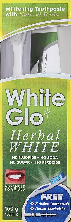 Zestaw z biało-fioletową szczoteczką do zębów - White Glo Herbal White Set (t/paste/100ml + t/brush/1pc + dental/flosser) — Zdjęcie N2
