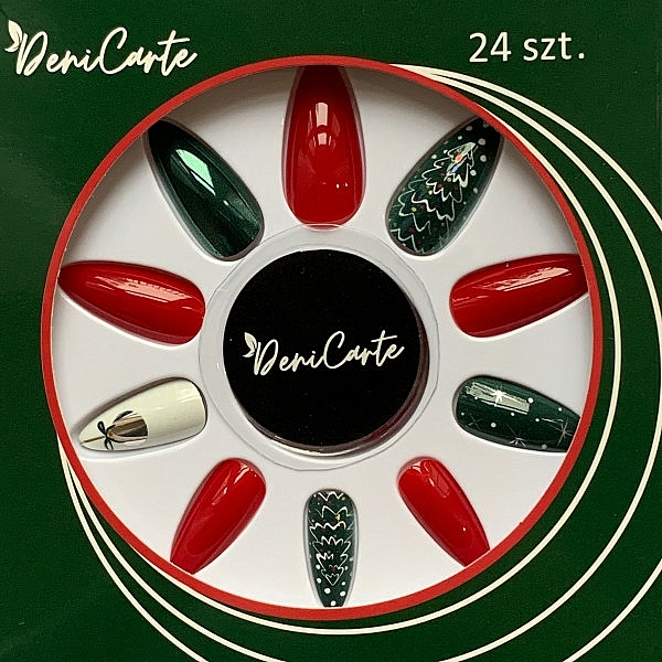 Sztuczne paznokcie, czerwono-zielone z białym w świąteczne wzory - Deni Carte — Zdjęcie N1