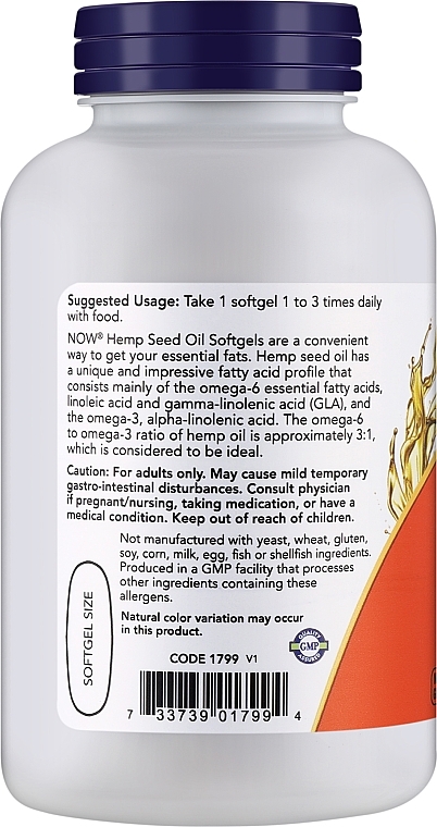 Suplement diety olej konopny - Now Foods Hemp Seed Oil 1000 Mg — Zdjęcie N2