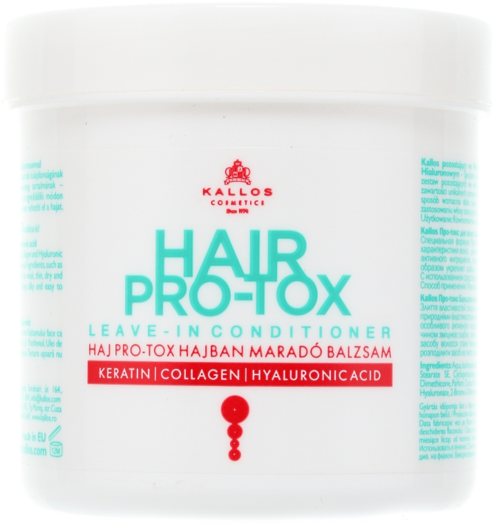 Balsam z keratyną, kolagenem i kwasem hialuronowym do włosów - Kallos Cosmetics Hair Pro-Tox Leave-In Conditioner