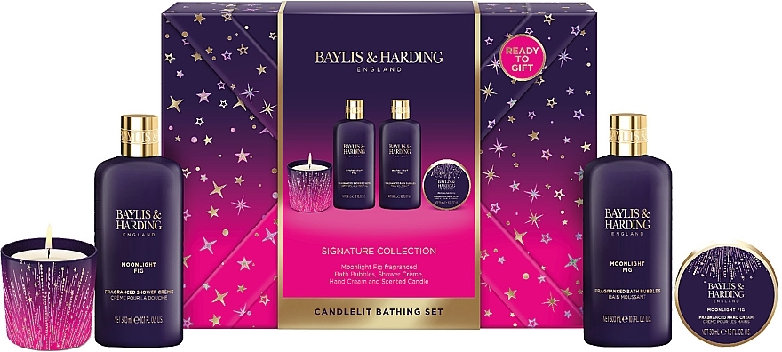 Zestaw - Baylis & Harding Moonlight Fig Gift Wrapped Candlelit Bathing Gift Set (h/b/lot/50ml + sh/cr/300ml + bath/foam/300ml + candle/60g) — Zdjęcie N1