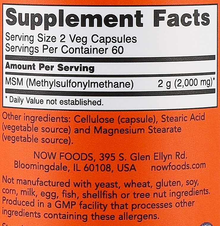 Suplement diety Metylosulfonylometan w kapsułkach, 1000 mg - Now Foods MSM Methylsulfonylmethane — Zdjęcie N3