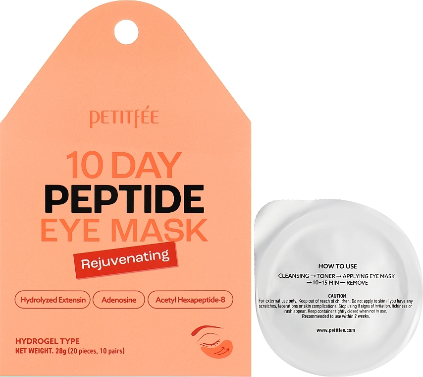 Odmładzające płatki hydrożelowe do okolic oczu - Petitfee 10 Days Peptide Eye Mask