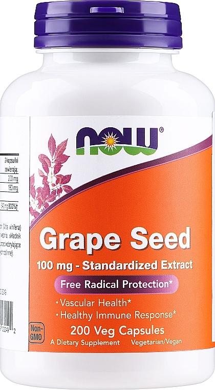 Suplement diety z ekstraktem z pestek winogron w kapsułkach, 100 mg - Now Foods Grape Seed 100mg Standardized Extract  — Zdjęcie N3