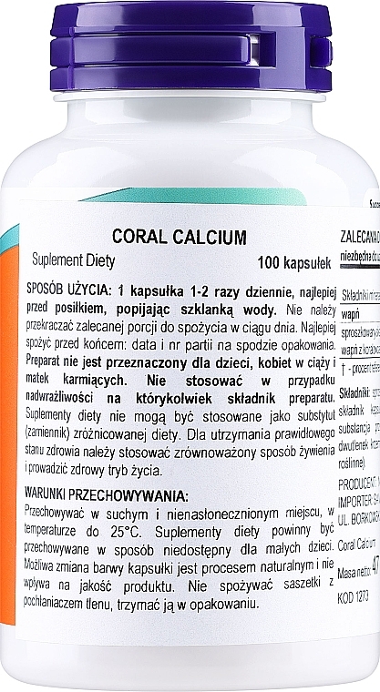 Wapń w kapsułkach, 100 szt. - Now Foods Coral Calcium — Zdjęcie N2