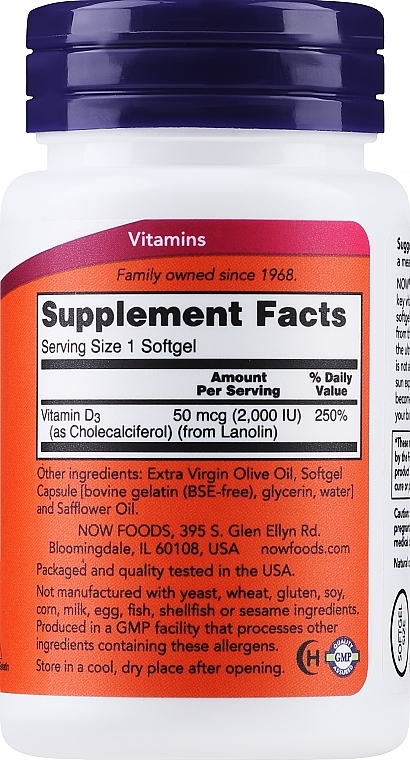 Witamina D-3 w kapsułkach - Now Foods Vitamin D-3 High Potency 2000 IU Softgels — Zdjęcie N2