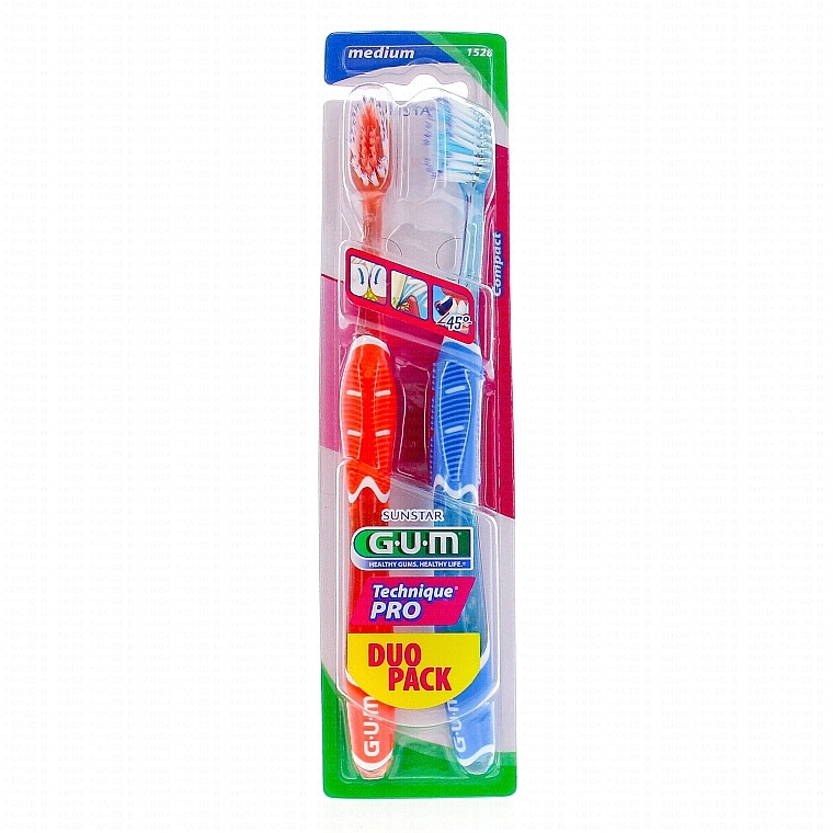 Szczoteczki do zębów, średnie Technique Pro, pomarańczowa + niebieska - G.U.M Duo Pack Medium Toothbrush  — Zdjęcie N1