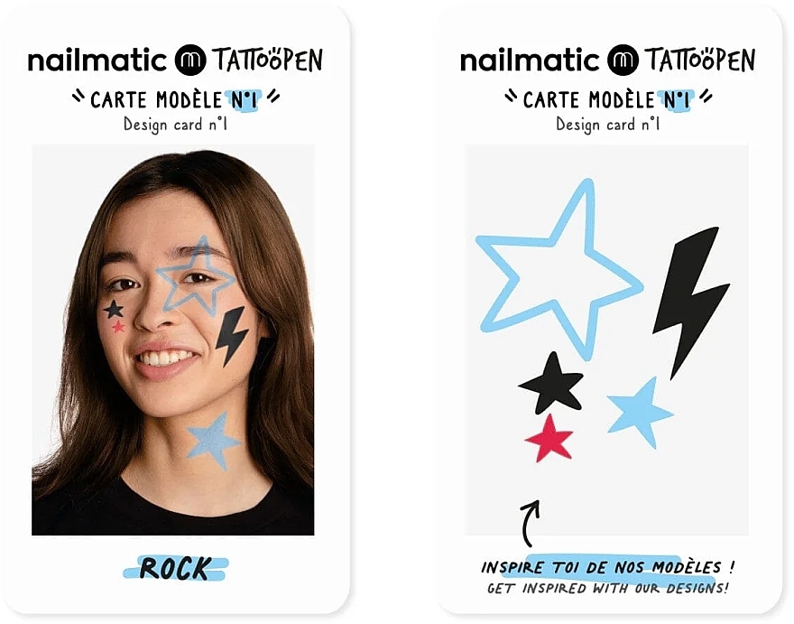 Zestaw do tymczasowych tatuaży - Nailmatic Tattoopen Duo Set Rock (pen/2x2.5g + kards/4pcs) — Zdjęcie N3