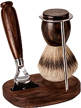 Zestaw do golenia - Acca Kappa Shaving Set In Varnished Walnut Wood And Chrome Plated Metal (razor/1pc + brush/1pc + stand/1pc) — Zdjęcie N1