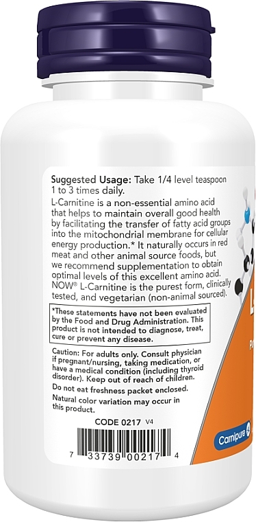 Suplement diety w proszku L-karnityna - Now Foods L-Carnitine Pure Powdeer — Zdjęcie N3