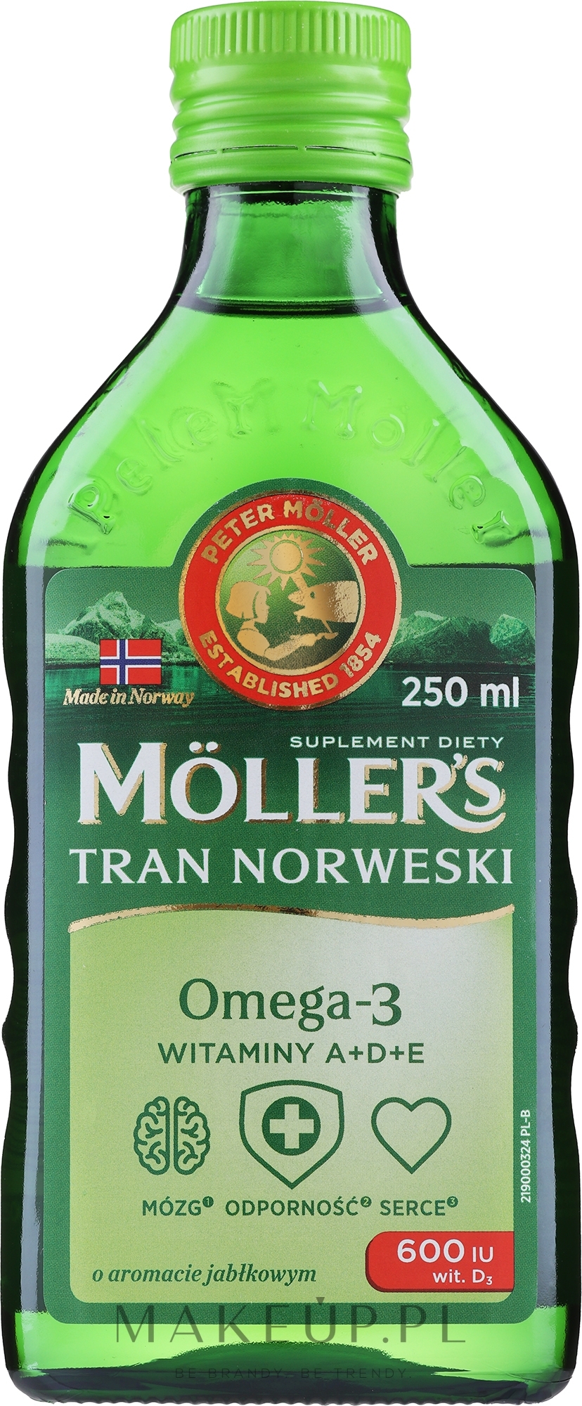 Suplement diety Tran norweski Omega-3 + D3 o smaku jabłkowym - Möller’s — Zdjęcie 250 ml