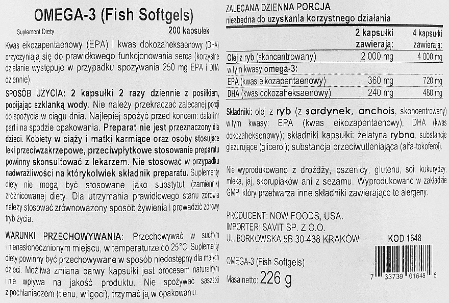 Kwasy omega-3 destylowane molekularnie - Now Foods Molecularly Distilled Omega-3 Fish Softgels — Zdjęcie N2