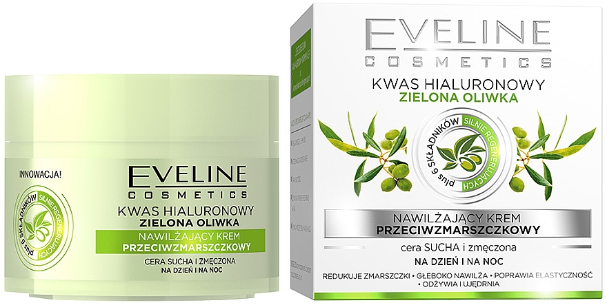 Nawilżający krem przeciwzmarszczkowy Kwas hialuronowy i zielona oliwka - Eveline Cosmetics — Zdjęcie N1