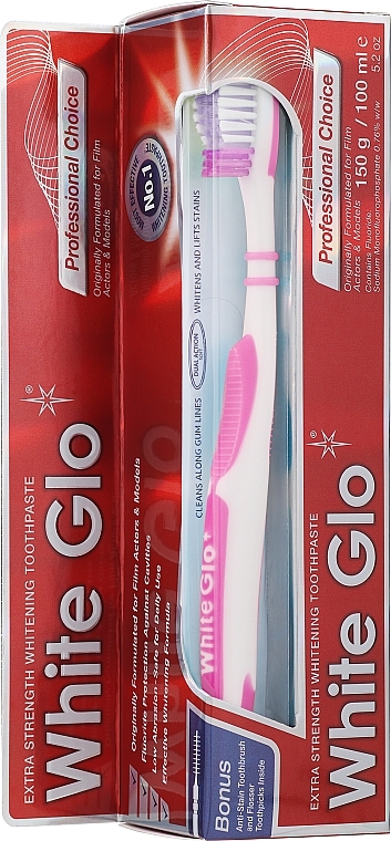 Zestaw: wybielająca pasta do zębów dla aktorów i modelek + różowa szczoteczka - White Glo Professional Choice Whitening Toothpaste (t/paste 100 ml + toothbrush) — Zdjęcie N1